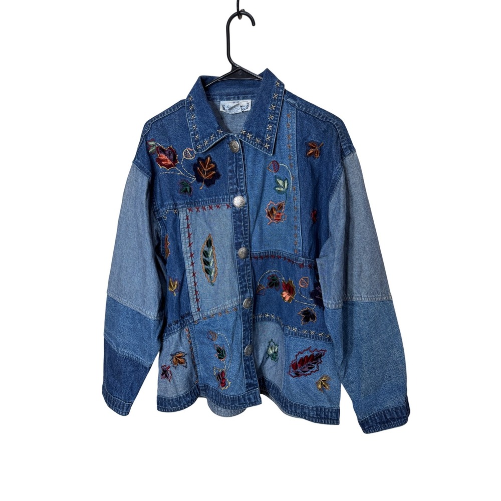 Vintage Sara Studio Denim Jacket Patchwork Leaf E… - image 1